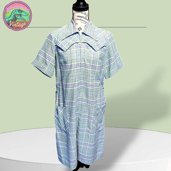 Vintage 1960 A-Line Rockabilly Green Blue Plaid Diner House Dress - Picture 4 of 8